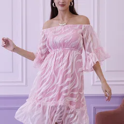 Athena Pink Floral Off-Shoulder Bell Sleeves Chiffon A-Line Dress-image-86