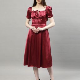 NUEVOSDAMAS Puff Sleeves Satin Fit & Flare Midi Dress-image-100