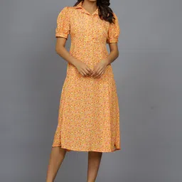HANDICRAFT PALACE Floral Printed Puff Sleeves Pure Cotton A-Line Midi Dress-image-66