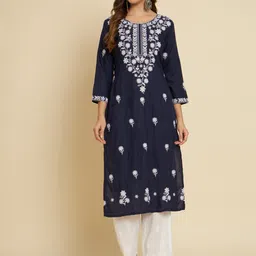 HERE&NOW Navy Blue & White Floral Embroidered Cotton Straight Kurta-57