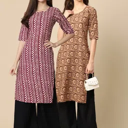 KALINI Women Pack of 2 Burgundy & Beige Geometric Printed Block Print Crepe Kurta-picture-14