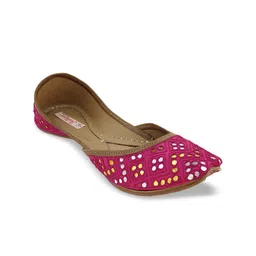 Fulkari Women Magenta& Gold-Toned Embellished Leather Mojaris-30