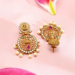 Rubans 22K Gold-Plated Ruby Emerald & CZ Divine Lakshmi Motif Temple Chandbalis image 4
