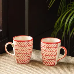 ExclusiveLane Red & Cream-Coloured Set of 2 Handcrafted Ceramic Glossy Mugs Set (260 ML)-0