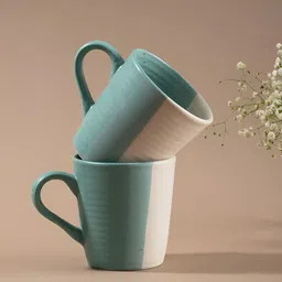 URBAN SPACE Green & Off White Crafted Ceramics Printed Ceramic Matte Mugs Set of Cups and Mugs-7