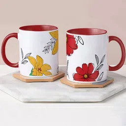 Indigifts Yellow and Red Flower Printed Set Of 2 Ceramic Coffee Mugs-20