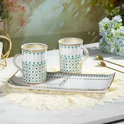 Troveas White & Blue Printed Bone China Matte Mugs Set of Cups and Mugs-image-2