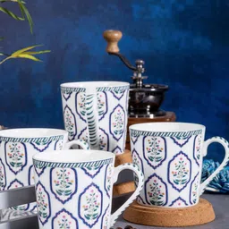GOODHOMES White & Blue Set of 4 Printed Bone China Glossy Mugs 320 ml Each-0