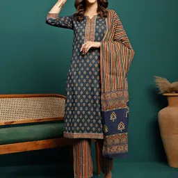 Sangria Printed Pure Cotton Straight Kurta With Trouser & Dupatta Set-10