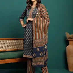 Sangria Printed Pure Cotton Straight Kurta With Trouser & Dupatta Set image 2