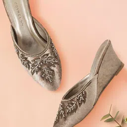 Metro Women Champagne Embellished Heeled Mules-33
