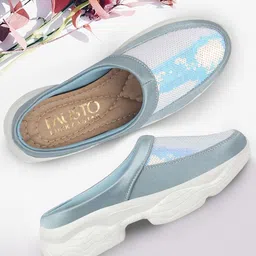FAUSTO Women Sky Blue Back Open Embellished Slip On Mules-image-45