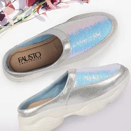 FAUSTO Women's Silver Back Open Embellished Slip On Mules-picture-10