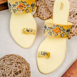 Anouk Yellow & Grey Embroidered Velvet Comfort Heels-13
