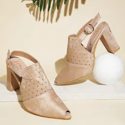 JM Looks Embellished Peep Toe Block Heeled Pumps-54