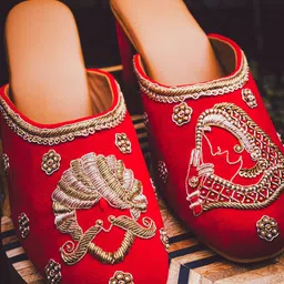 NR By Nidhi Rathi Red Velvet Embroidered Block Mules-48