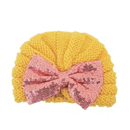 Baby Moo Girls Yellow & Pink Woolen Bow Turban Cap-image-10
