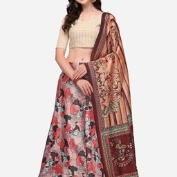 Mitera Pink & Brown Printed Semi-Stitched Lehenga & Unstitched Blouse With Dupatta-picture-2