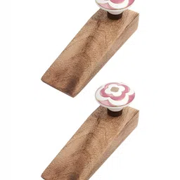 Indianshelf Brown & White 2 Pieces Floral Printed Ceramic Wood Door Stopper-image-91
