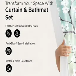 Kuber Industries Green & White 3 Pieces Floral Shower Curtain & Bathmat Set-85