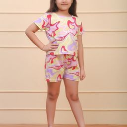Ninos Dreams Girls Abstract Printed Pure Cotton T-shirt With Shorts-image-15