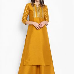 Janasya Women Mustard Yellow & Gold-Toned Printed Kurta with Palazzos-3