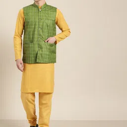 SOJANYA Men Mustard Yellow & Green Solid Kurta with Churidar & Nehru Jacket-image-38