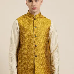 SOJANYA Men Mustard Yellow Jacquard Self-Design Nehru Jacket-19
