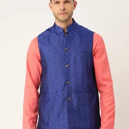 Sojanya Men Blue Jacquard Silk Self Design Nehru Jacket-52