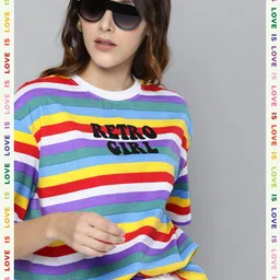 Kook N Keech Women Multicoloured Striped Pure Cotton T-shirt-image-45