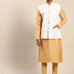RAJUBHAI HARGOVINDAS Men Gold-Toned Embroidered Kurta With Churidar & Nehru Jacket-picture-42