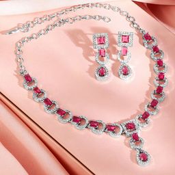 Rubans Rhodium-Plated Ruby Pink AD & Cubic Zirconia Studded Necklace Se image 2