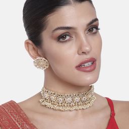 Peora Gold-Plated & White Kundan Pearl Studded White Choker Necklace Set-10