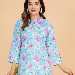 BLOCKS OF INDIA Floral Printed Mandarin Collar Three-Quarter Sleeves Pure Cotton Kurti-picture-19