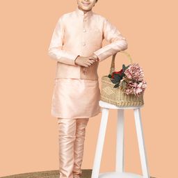 LilPicks Boys Peach Embroidered Dupion Silk Kurta with Churidar & With Nehru Jacket-picture-49