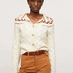 MANGO Women Off White Cable Knit Cardigan-image-80