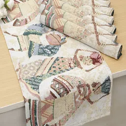 HOKIPO 7 Pieces Beige & Brown Printed Cotton Table Placemats With Runner-36