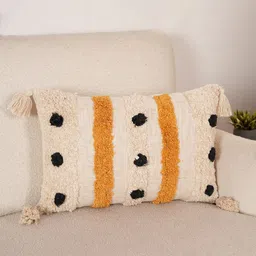 Art Avenue Cream & Black Self Design Cotton Rectangle Cushion Cover-image-45