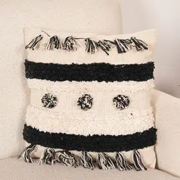 Art Avenue Cream-Coloured & Black Self Design Cotton Square Cushion Cover-image-45