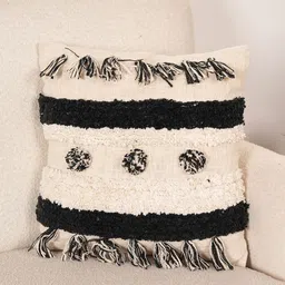 Art Avenue Dramatic Cream-Coloured & Black Self Design Cotton Square Cushion Cover-image-76