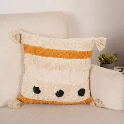 Art Avenue White & Orange Self Design Cotton Square Cushion Cover-2