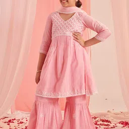 pspeaches Girls Floral Embroidered Regular Thread Work Kurta with Sharara & With Dupatta-picture-16