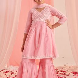 pspeaches Girls Floral Embroidered Regular Thread Work Kurta with Sharara & With Dupatta-picture-42