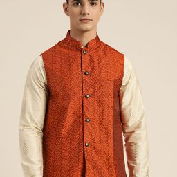 SOJANYA Men Rust Orange Floral Jacquard Woven Design Nehru Jacket-15