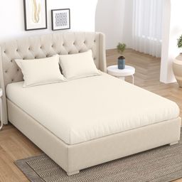 Home Fresh Cream Striped Cotton 210 TC King Bedsheet With 2 Pillow Covers-image-90