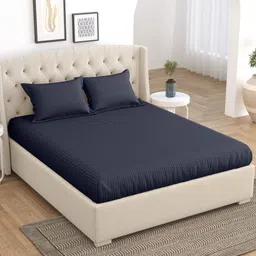 Home Fresh Navy Blue Striped Cotton 210 TC King Bedsheet With 2 Pillow Covers-image-52