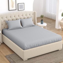 Home Fresh Silver-Toned Striped Cotton 210 TC King Bedsheet With 2 Pillow Covers-image-94