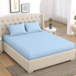 Home Fresh Blue Striped Cotton 210 TC King Bedsheet With 2 Pillow Covers-image-53