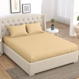 Home Fresh Beige Striped Cotton 210 TC King Bedsheet With 2 Pillow Covers-image-46
