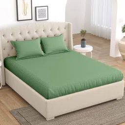 Home Fresh Green Striped Cotton 210 TC King Bedsheet With 2 Pillow Covers-image-50
